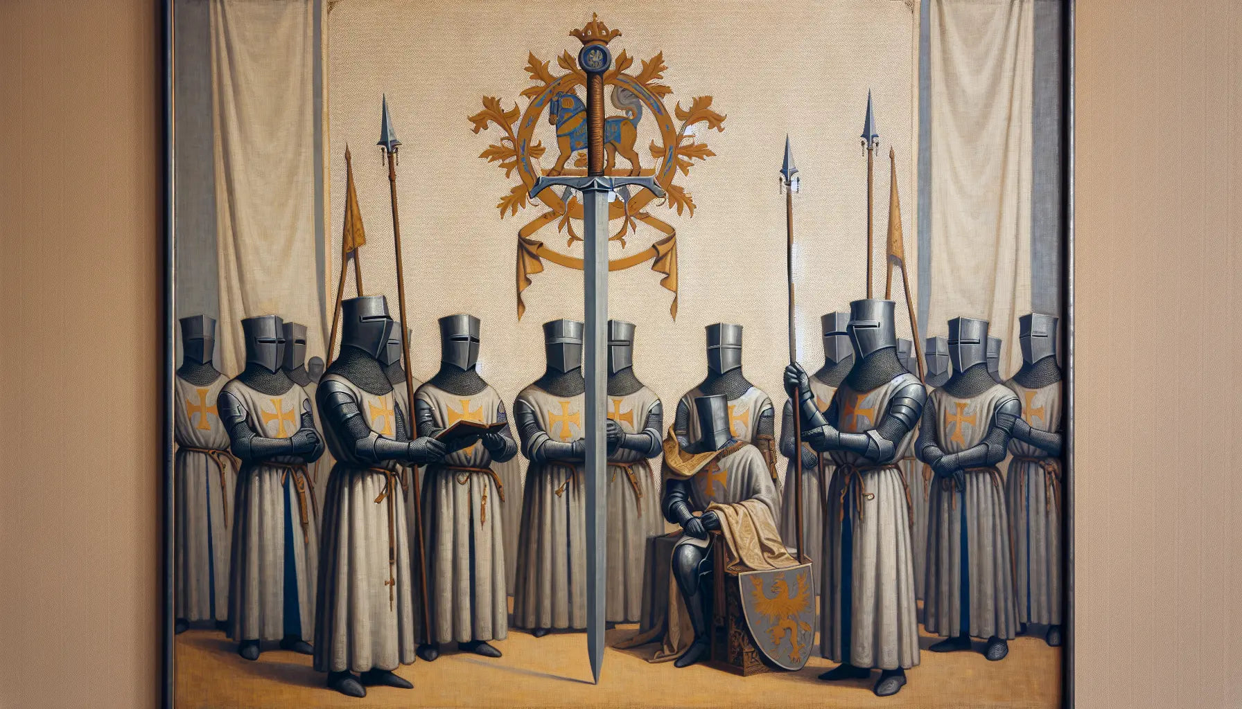 Mittelalterliches Schwert und Helm mit blauen und gelben Akzenten auf warmem Leinenhintergrund