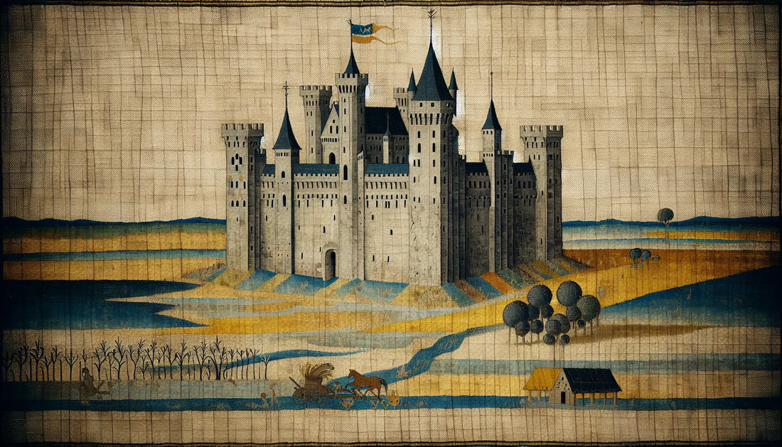 Mittelalterliches Schloss mit Feldern und Werkzeugen in rauem Öl auf hellem Grund