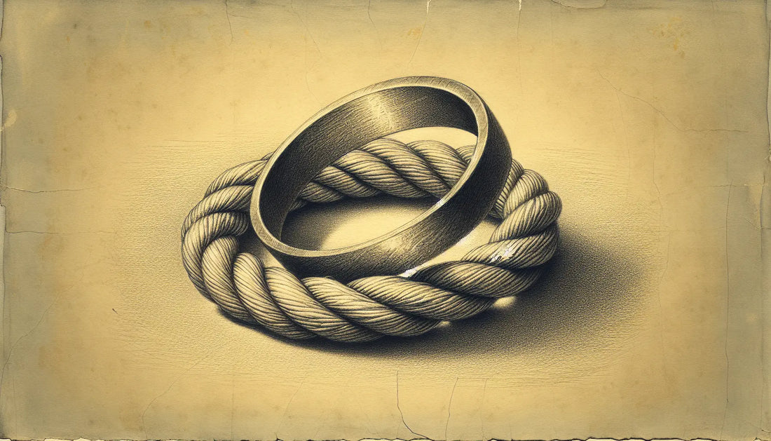 Moderner Silberring teilweise umschlungen von traditionellem Seil als Bleistiftzeichnung auf gealtertem Papier