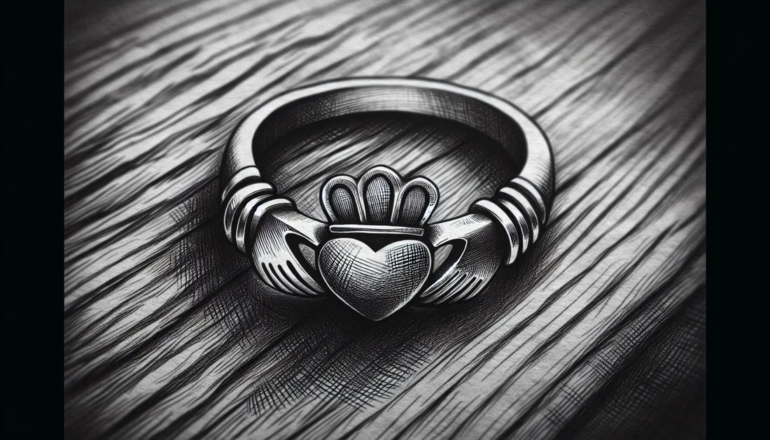 Skizze eines traditionellen Claddagh-Rings mit sanfter Linienführung auf rustikalem Hintergrund im Renaissance-Stil