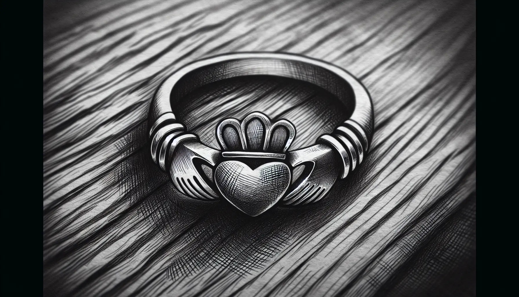 Skizze eines traditionellen Claddagh-Rings mit sanfter Linienführung auf rustikalem Hintergrund im Renaissance-Stil