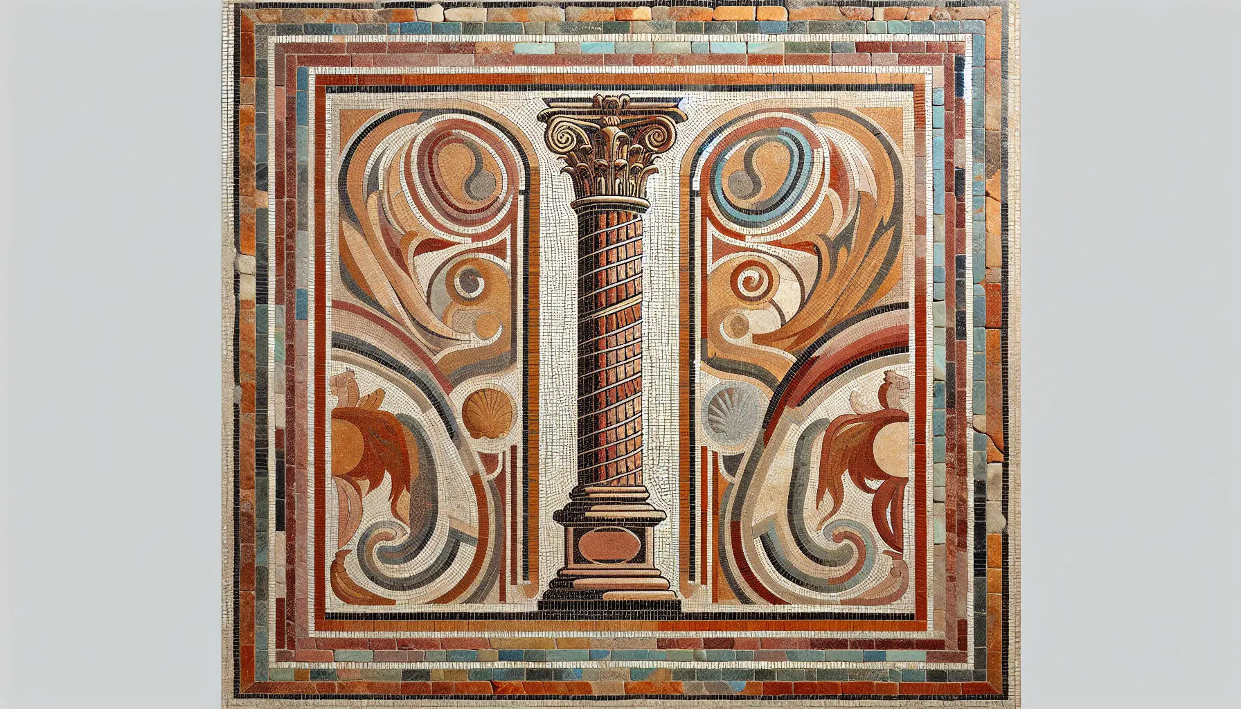 Abstrakte Trajanssäule als römisches Mosaik in Rotbraun Ocker und Gold auf hellem Stein mit reliefartigen Mustern