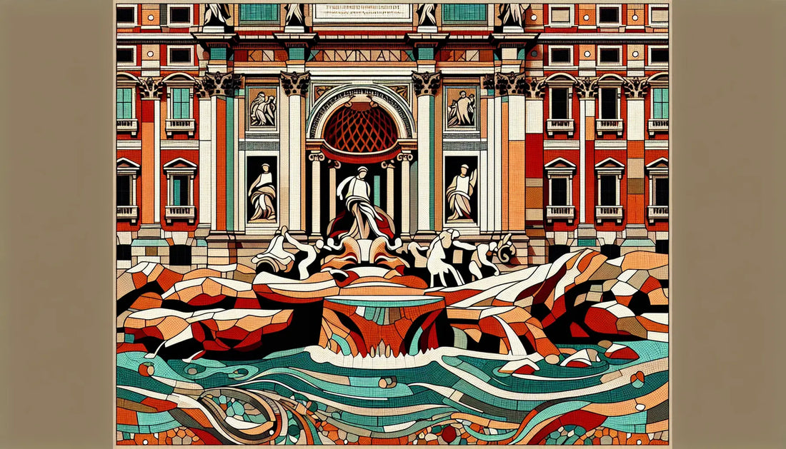 Abstrakte Darstellung des Trevi-Brunnens als römisches Mosaik mit rotbraunen ockergoldenen und blauen Segmenten auf hellem Hintergrund