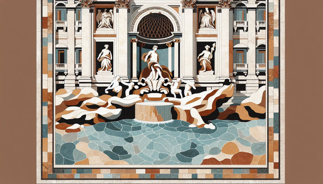 Stilisierte Trevi-Brunnenform als römisches Bodenmosaik in Rotbraun Ockerstein und Blau auf hellem steinernen Hintergrund