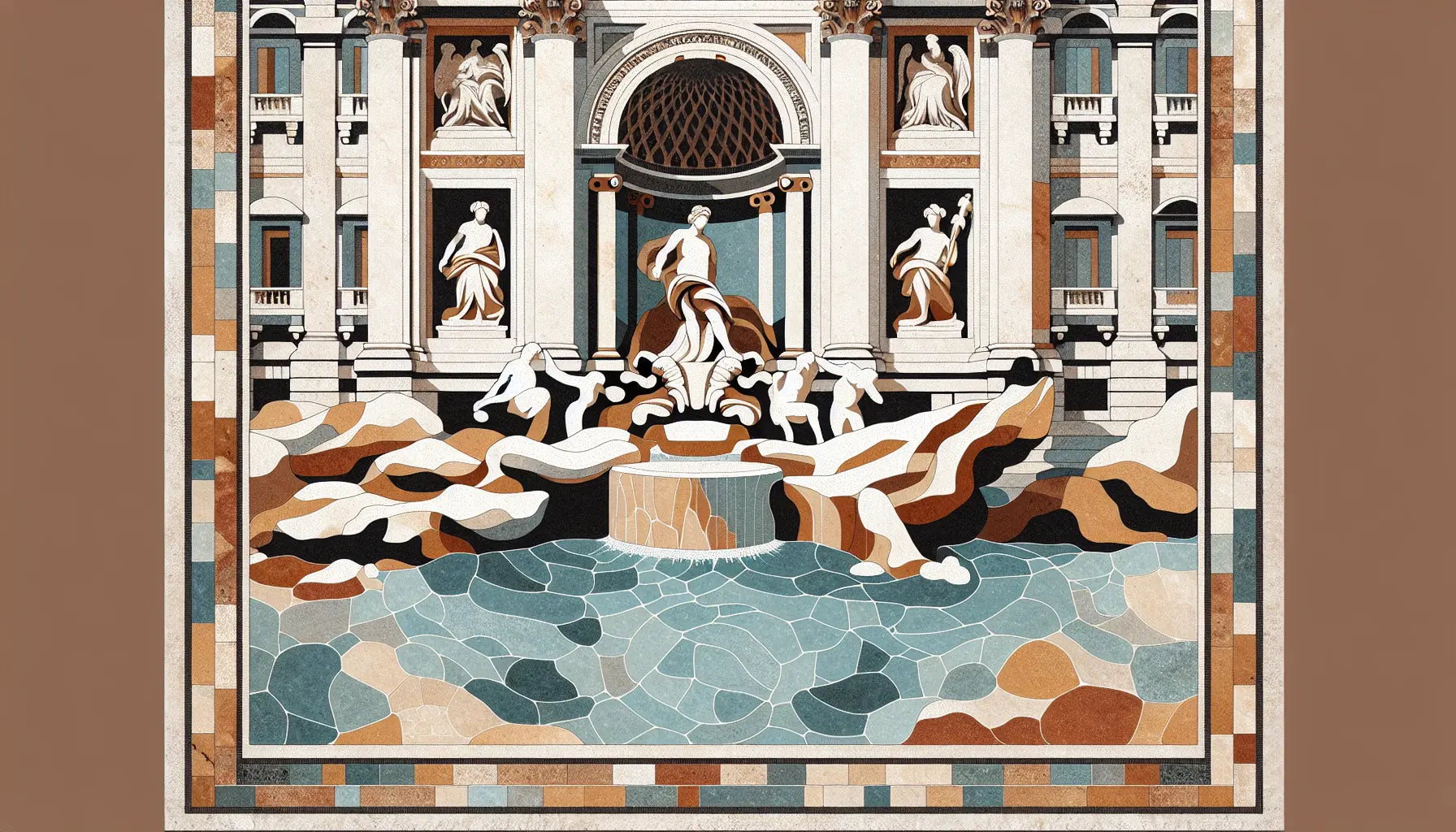 Stilisierte Trevi-Brunnenform als römisches Bodenmosaik in Rotbraun Ockerstein und Blau auf hellem steinernen Hintergrund