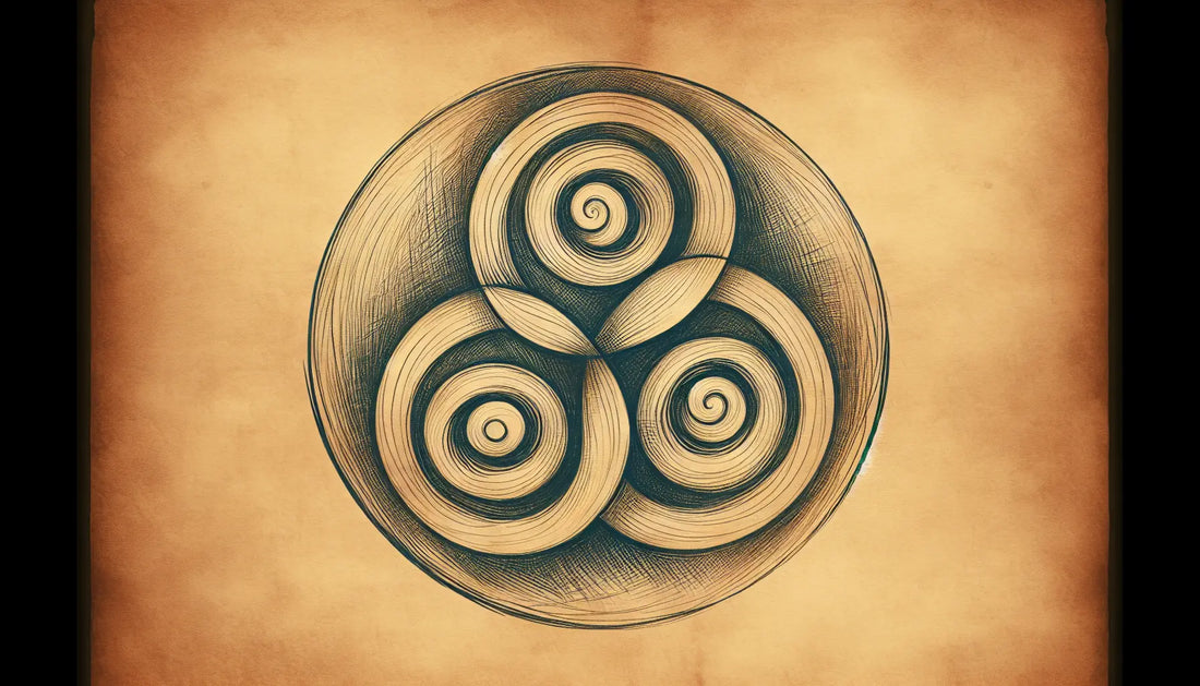 triskele Symbol mit drei Spiralen als ruhige technische Skizze auf altem Pergament