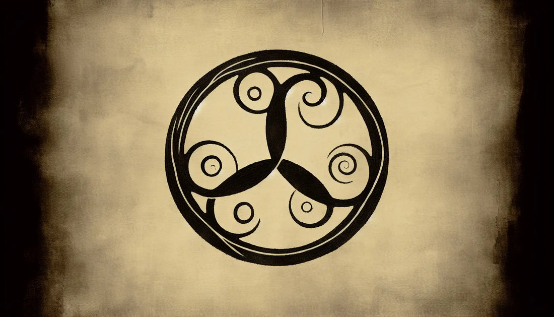 Triskele Symbol als Bleistiftskizze mit keltischen Ornamenten und feinen Goldakzenten auf pergamentartigem Papier