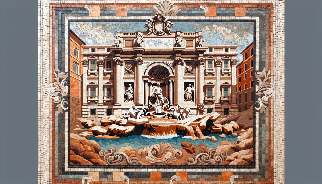 Trockene Trevi-Brunnenreliefs als Mosaik in Rotbraun Ocker und Blau auf hellem steinigen Grund