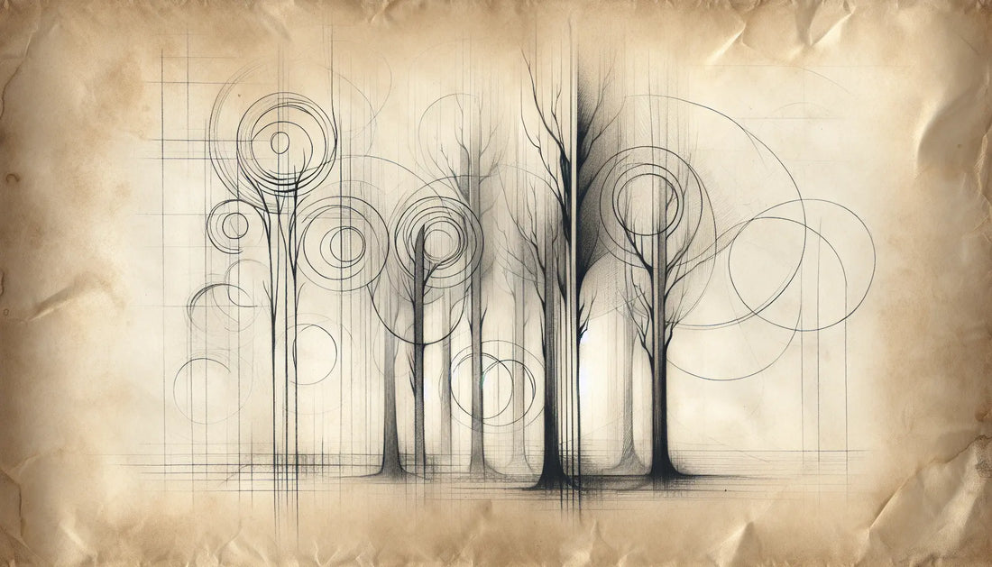 Skizze eines alten Waldes mit angedeuteten magischen Ringen in der Luft im Stil Leonardo da Vincis