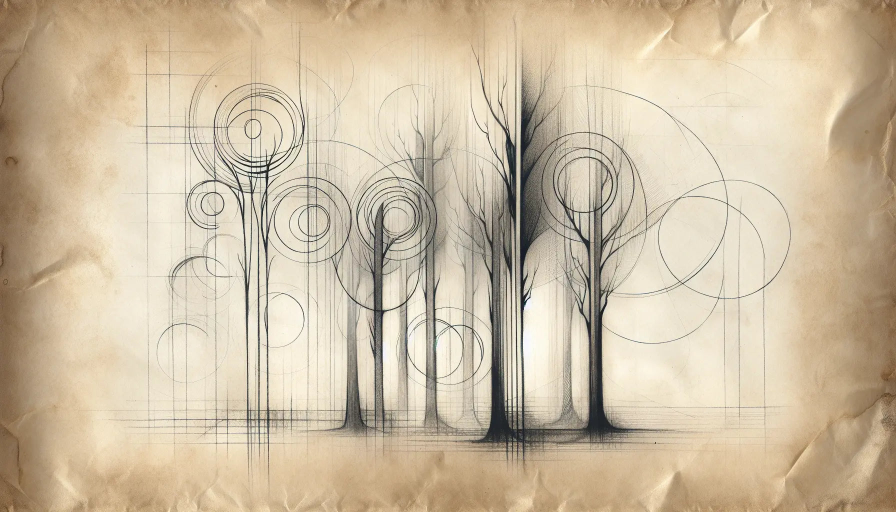Skizze eines alten Waldes mit angedeuteten magischen Ringen in der Luft im Stil Leonardo da Vincis
