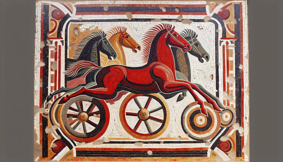 Abstrahierte römische Wagenrennen im Circus Maximus als antikes Bodenmosaik in Rotbraun Ocker und Gold auf hellem Stein