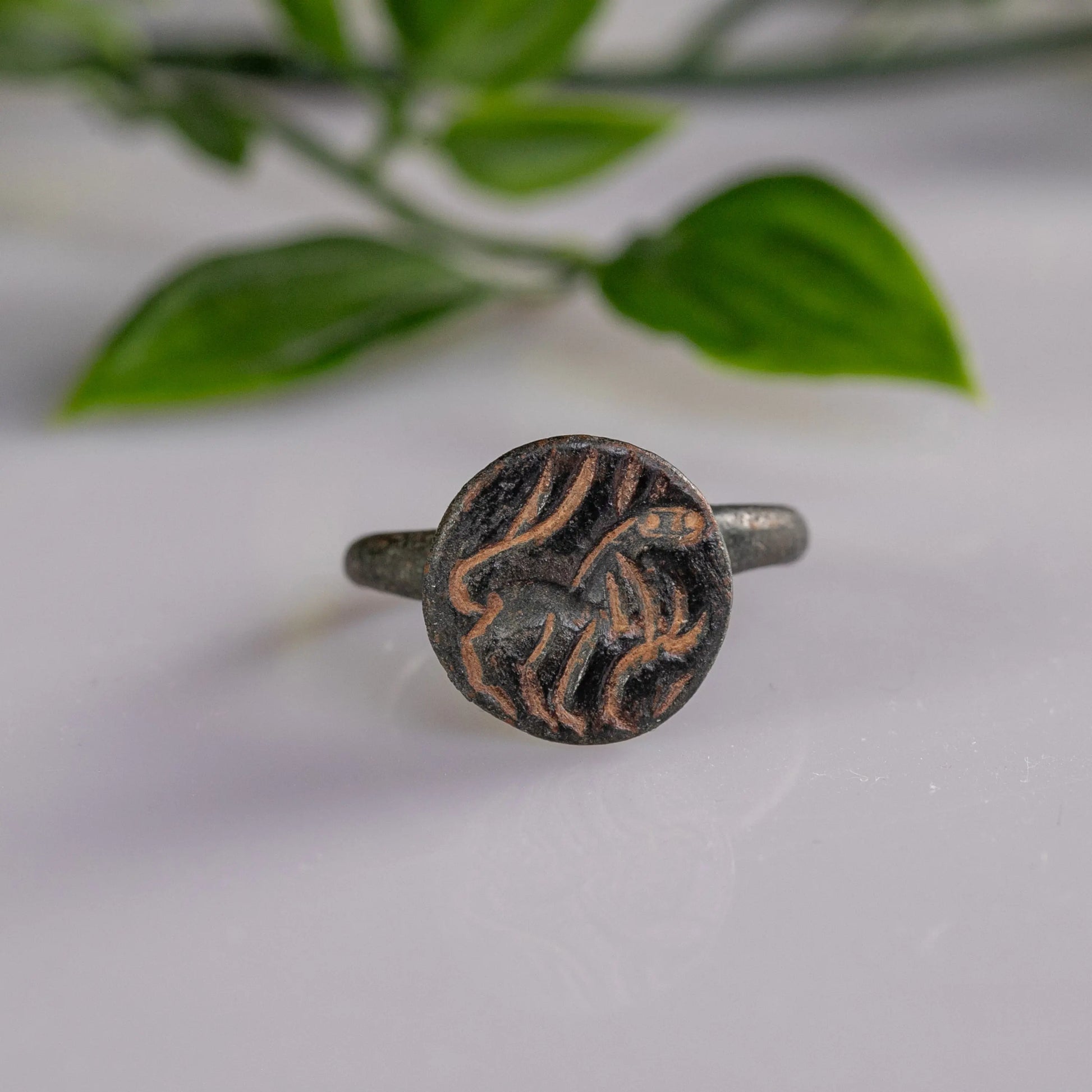 “Leo Fortis” – Roman Bronze Ring with Lion Intaglio (1st–3rd Century AD) – EU 57 / US 8 Aurora Antiqua