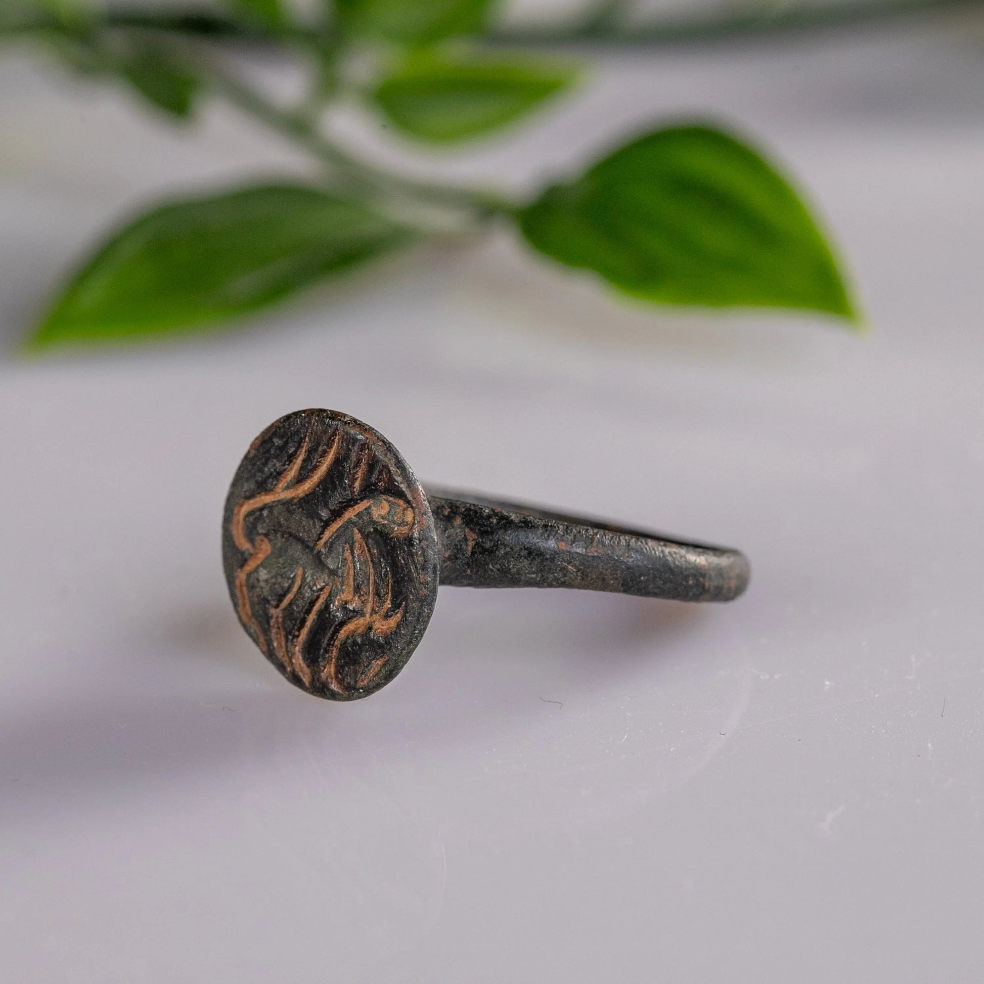 “Leo Fortis” – Roman Bronze Ring with Lion Intaglio (1st–3rd Century AD) – EU 57 / US 8 Aurora Antiqua