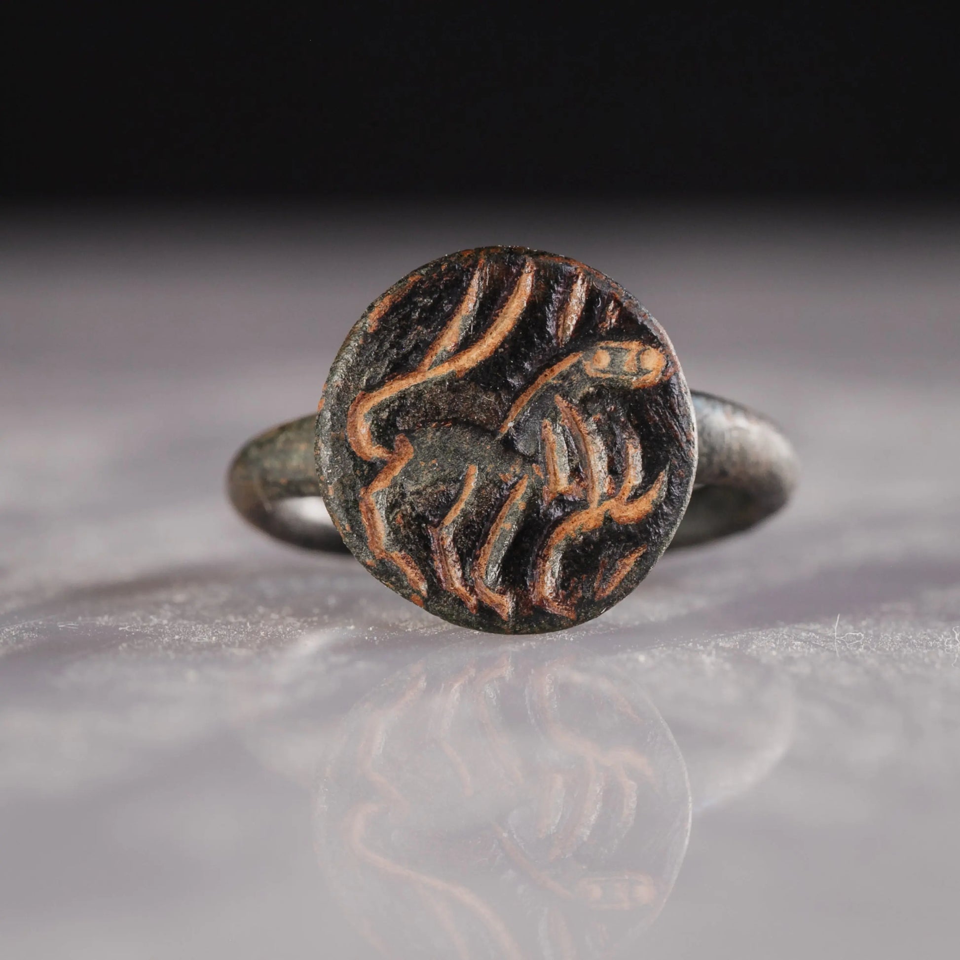 “Leo Fortis” – Roman Bronze Ring with Lion Intaglio (1st–3rd Century AD) – EU 57 / US 8 Aurora Antiqua