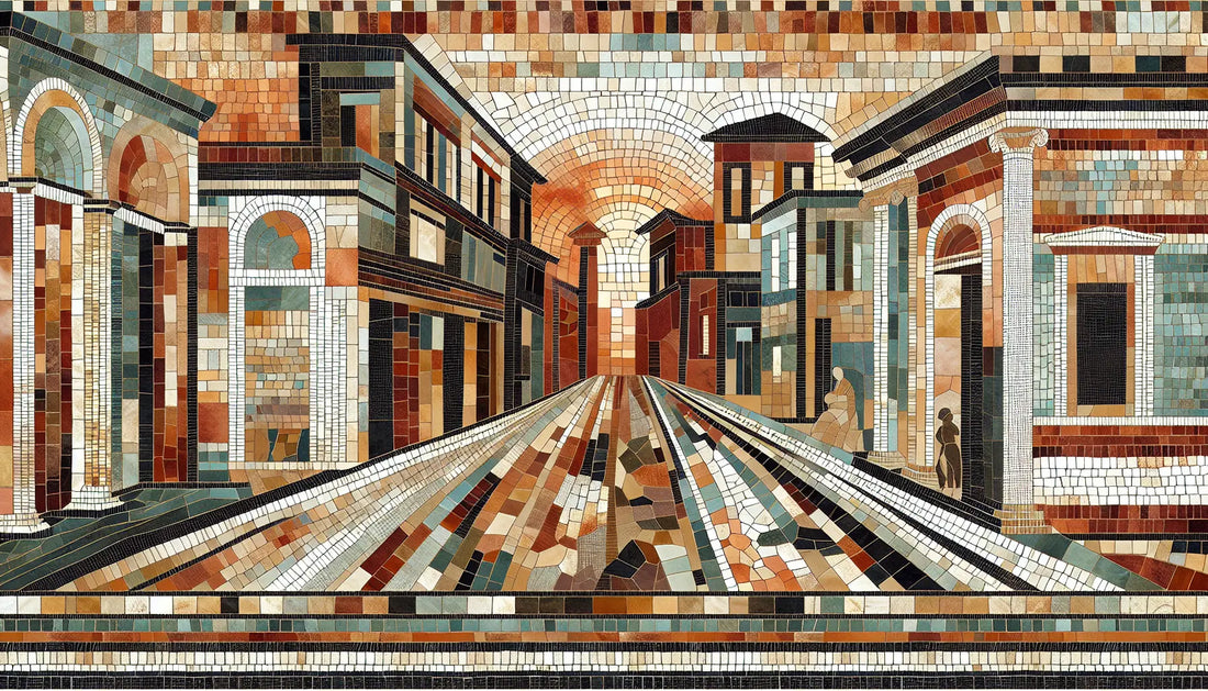Abstrahierte römische Architektur und Pflastersteine als Mosaik in Rotbraun Ocker und Blau auf hellem Stein
