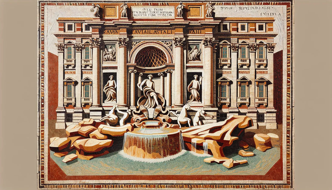 Abstrakte Darstellung Trevi-Brunnen als barockes Bodenmosaik in Rotbraun Ocker und Blau auf hellem steinigen Hintergrund