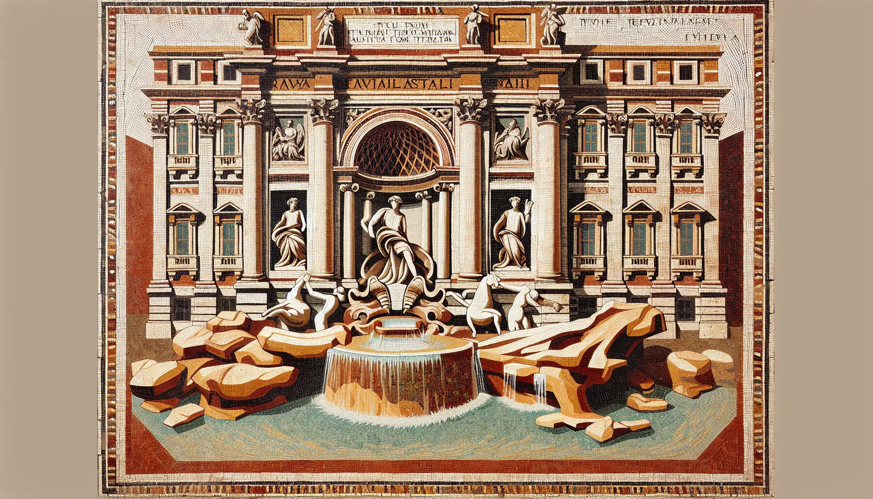 Abstrakte Darstellung Trevi-Brunnen als barockes Bodenmosaik in Rotbraun Ocker und Blau auf hellem steinigen Hintergrund