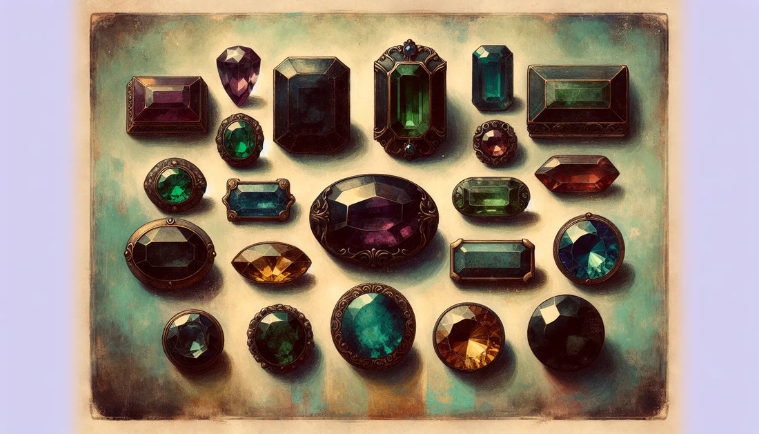 Sammlung antiker griechischer Schmucksteine Granat Amethyst Smaragd Lapislazuli Quarz auf hellem Hintergrund im gealterten Malstil