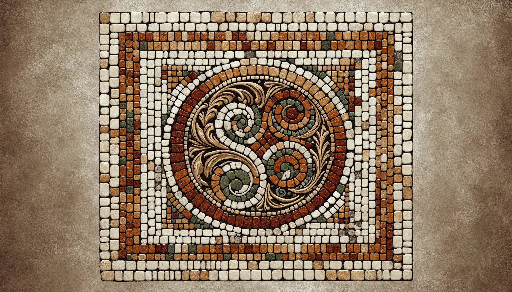 Nahaufnahme einer antiken römischen Münze als Bodenmosaik mit rotbraunen goldenen und grünlichen Segmenten auf hellem steinigen Grund