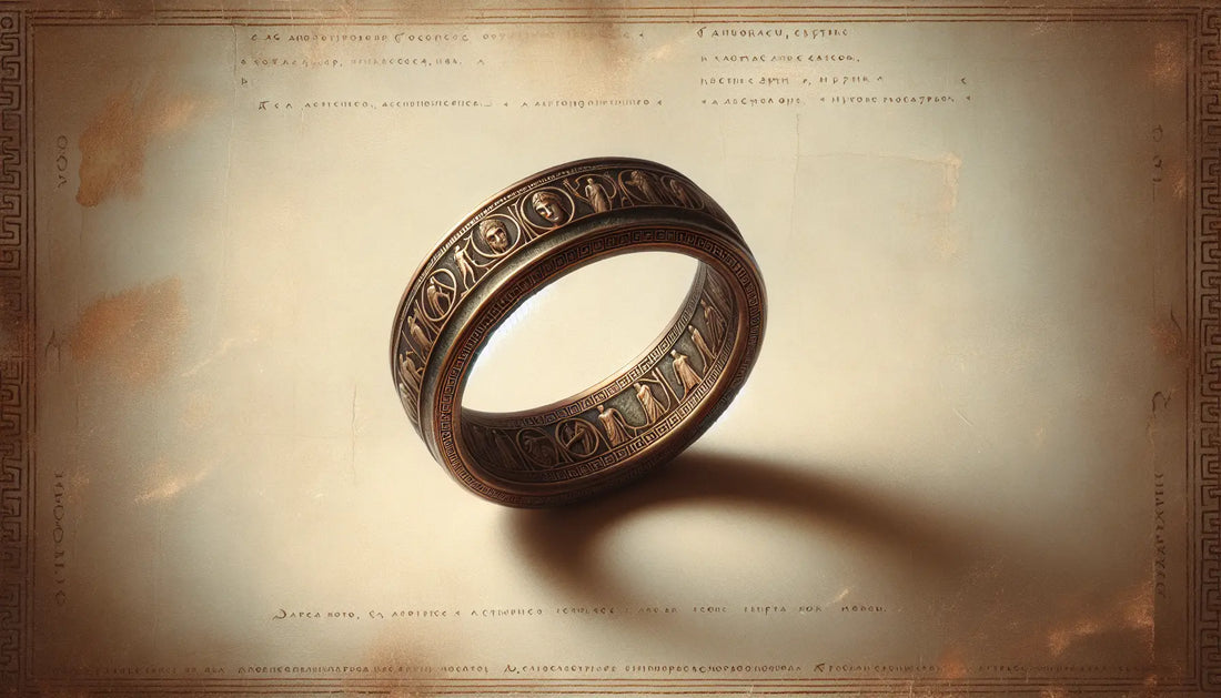 Bronze ring with mythological engravings on aged white background in old classical Greek style