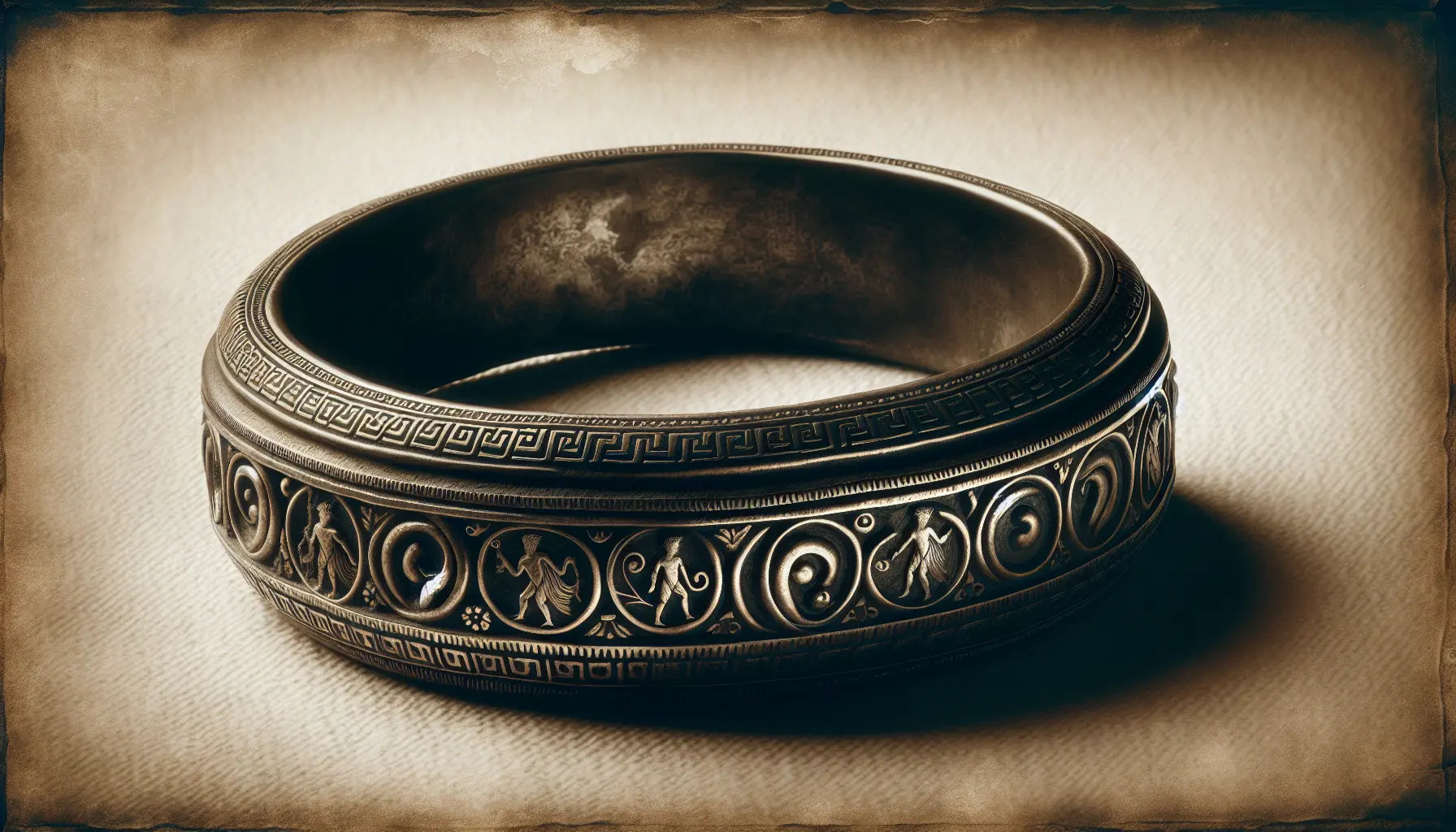 Antiker griechischer Bronze-Ring mit mythologischer Gravur auf hellem Hintergrund im Aurora Antiqua Stil
