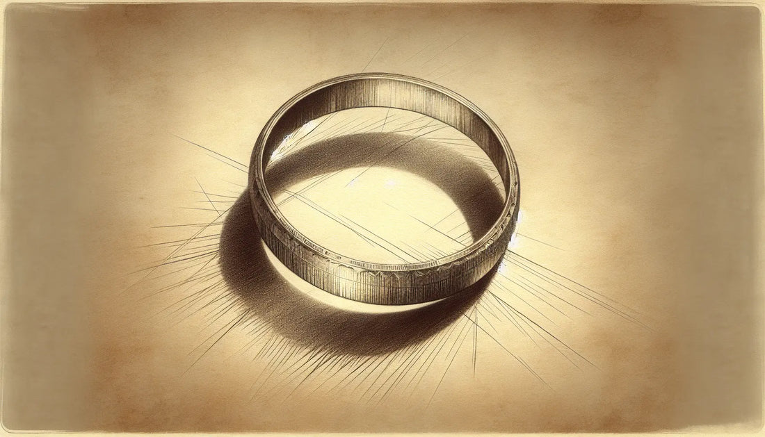 Antiker Ring als Bleistiftskizze auf hellem Papier mit feinen goldenen Akzenten