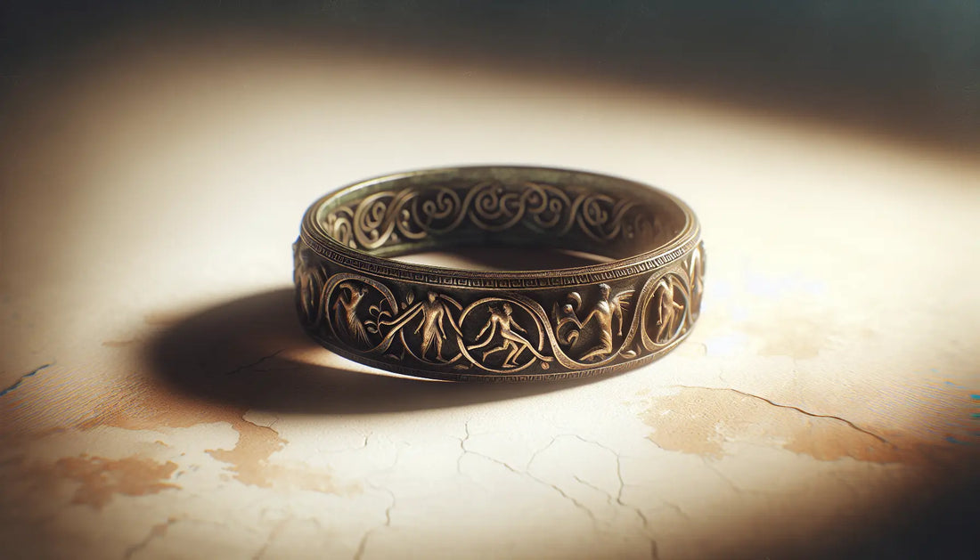 Antiker griechischer bronzer Ring mit mythologischen Figuren in feiner Gravur auf hellem Hintergrund
