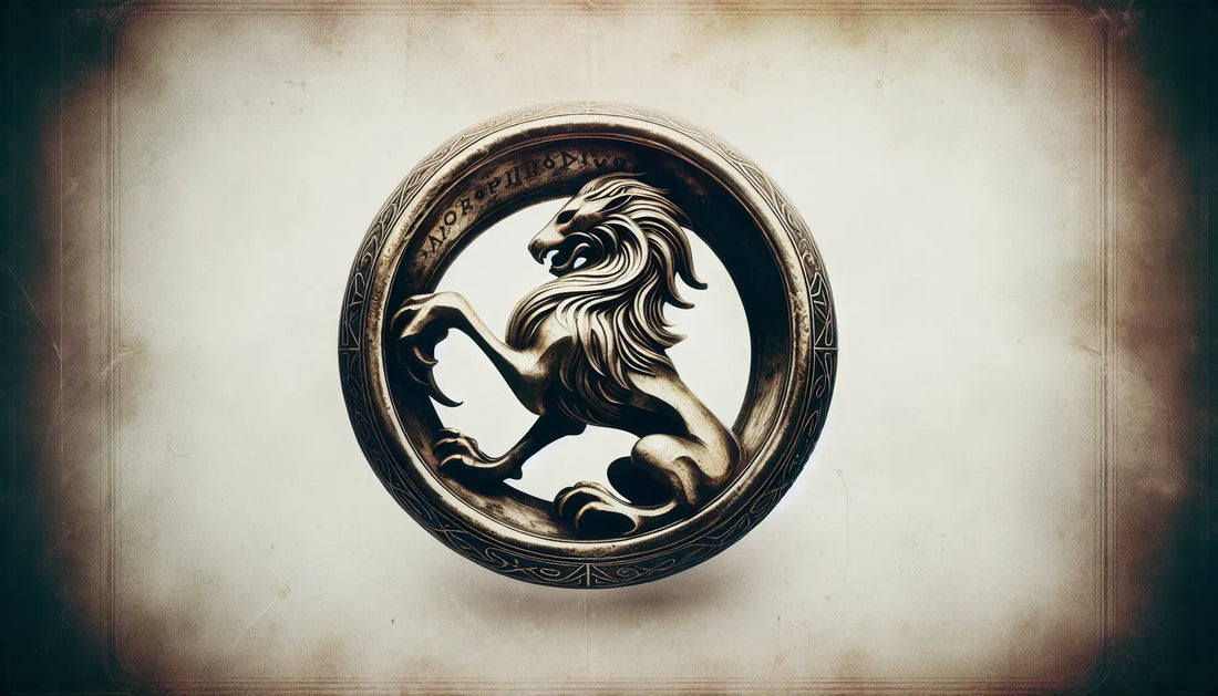 Antiker griechischer Ring mit mythologischem Wesen auf hellem Hintergrund in gealtertem Stil