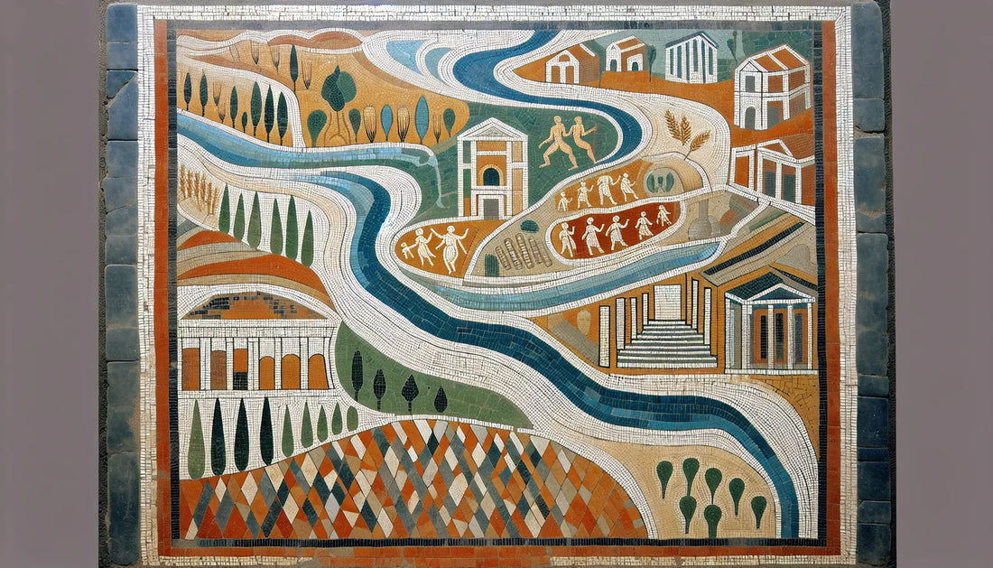 Abstrahierte römische Landschaft mit Hügeln Fluss und frühen Siedlungen als antikes Mosaik