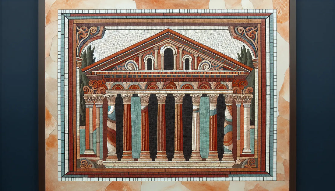 Ornamentale Mosaikdarstellung antikes römisches Forum mit Säulen und Bögen in erdigen Tönen auf hellem steinigen Grund