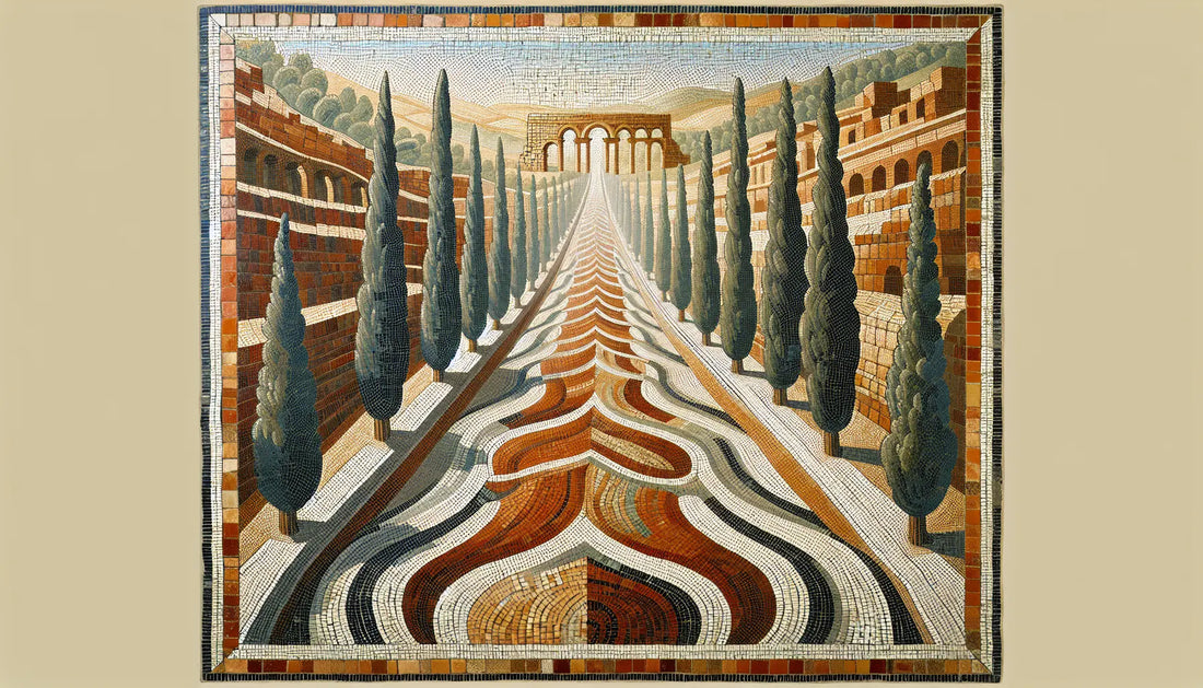Abstrahierte römische Kopfsteinpiste mit Zypressen und Aquädukt in Mosaikfarben Rotbraun Ocker Blau auf Terracotta
