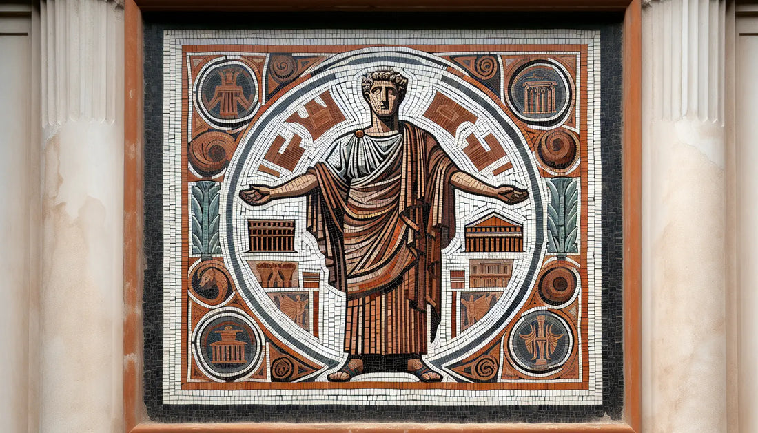 Römische Ornamente und Architektur als Mosaik in Rotbraun Ocker Blau auf hellem Stein