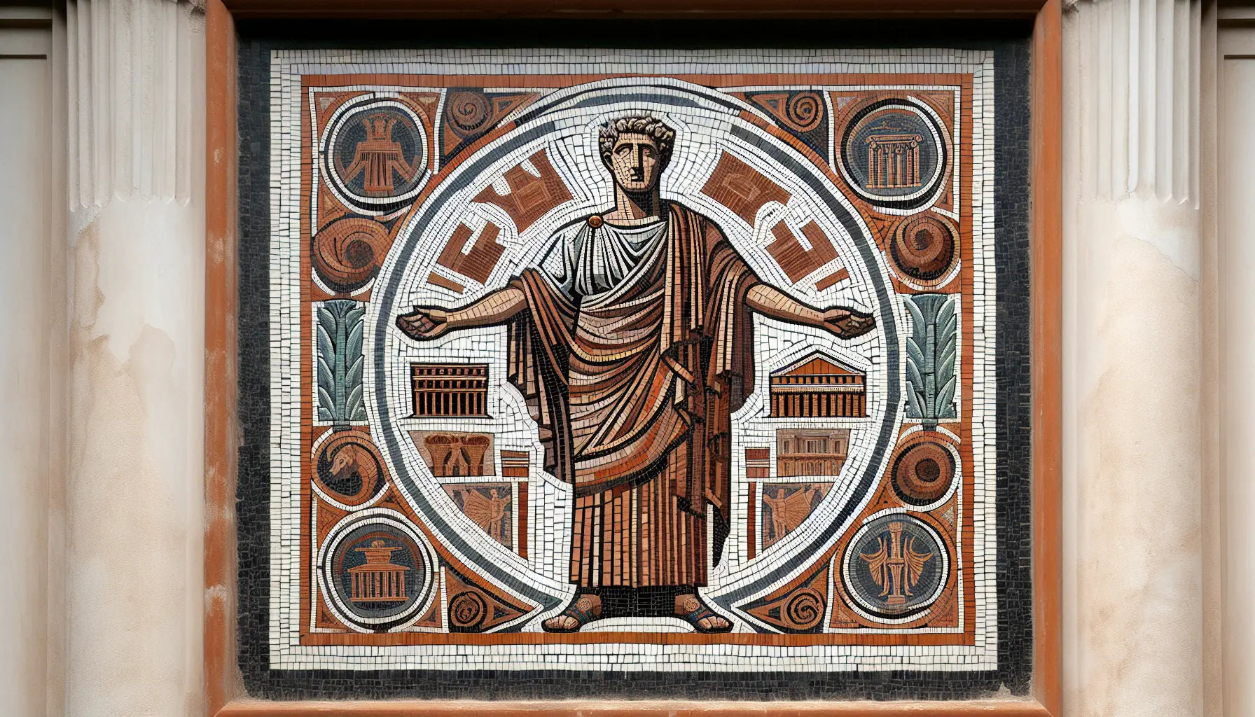 Römische Ornamente und Architektur als Mosaik in Rotbraun Ocker Blau auf hellem Stein