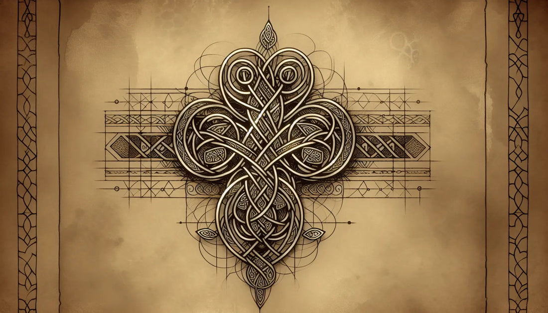 Intricate Celtic knot jewelry design as soft pencil sketch on aged parchment with fine gold accents