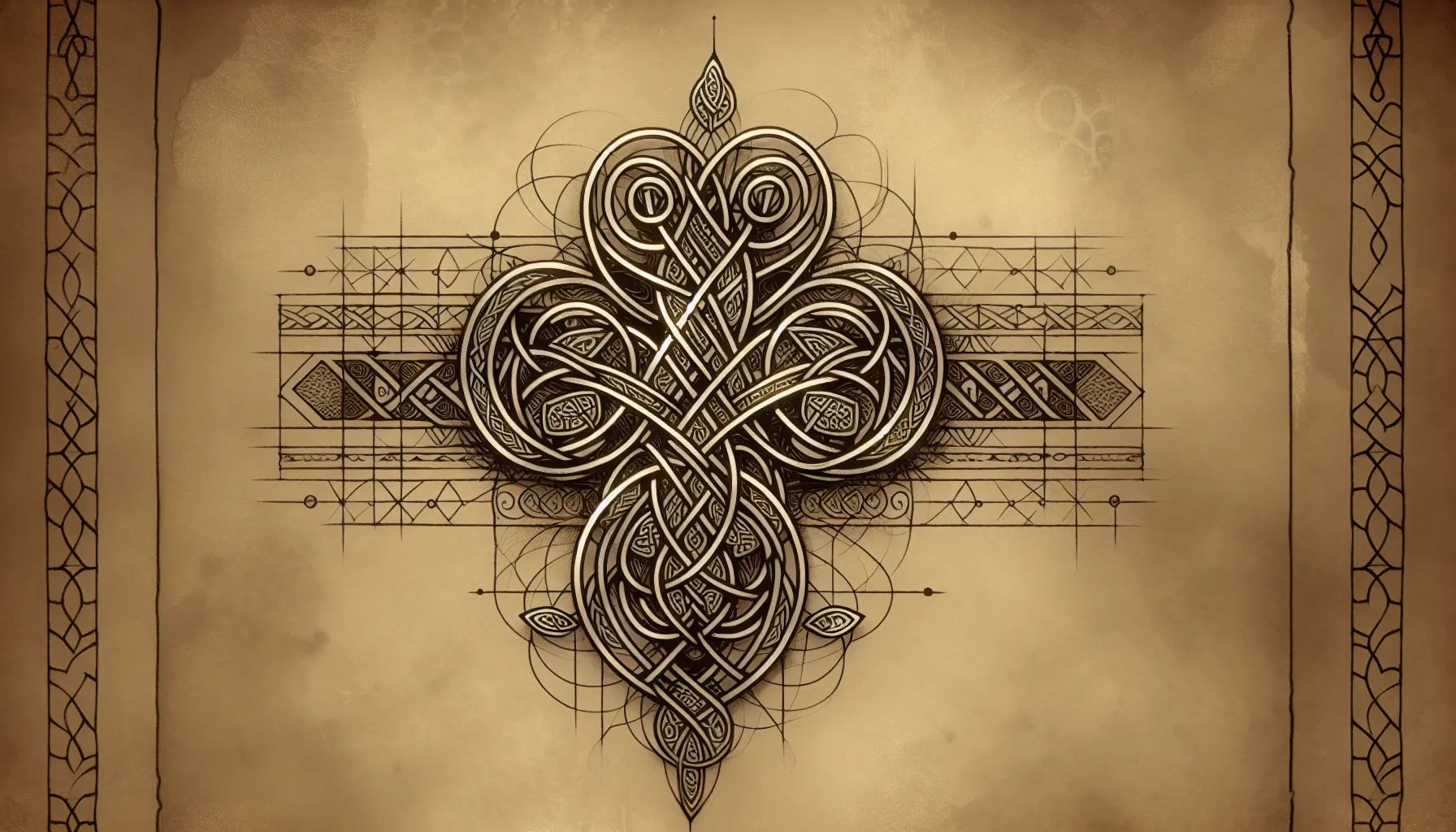 Intricate Celtic knot jewelry design as soft pencil sketch on aged parchment with fine gold accents