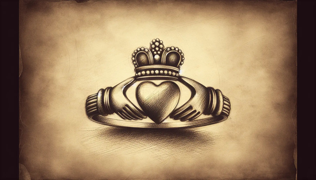 Claddagh Ring als zeichnerische Schwarz-Weiß Skizze auf pergamentartigem Hintergrund mit feinen goldenen Akzenten und angedeutetem irischem Holz