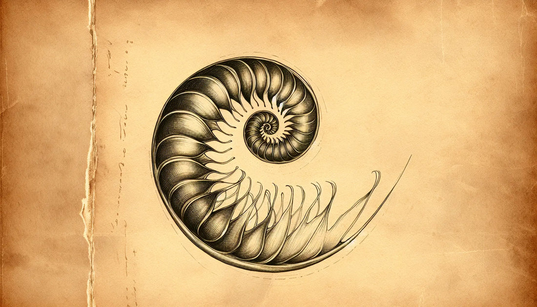 Natürliche Spirale als Bleistiftskizze auf pergamentartigem Hintergrund mit feinen goldenen Akzenten