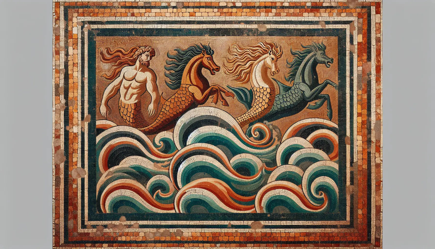 Antikes römisches Mosaik mit Oceanus hippocamps und Tritonen in Rotbraun Ocker und Blau auf hellem steinartigen Hintergrund