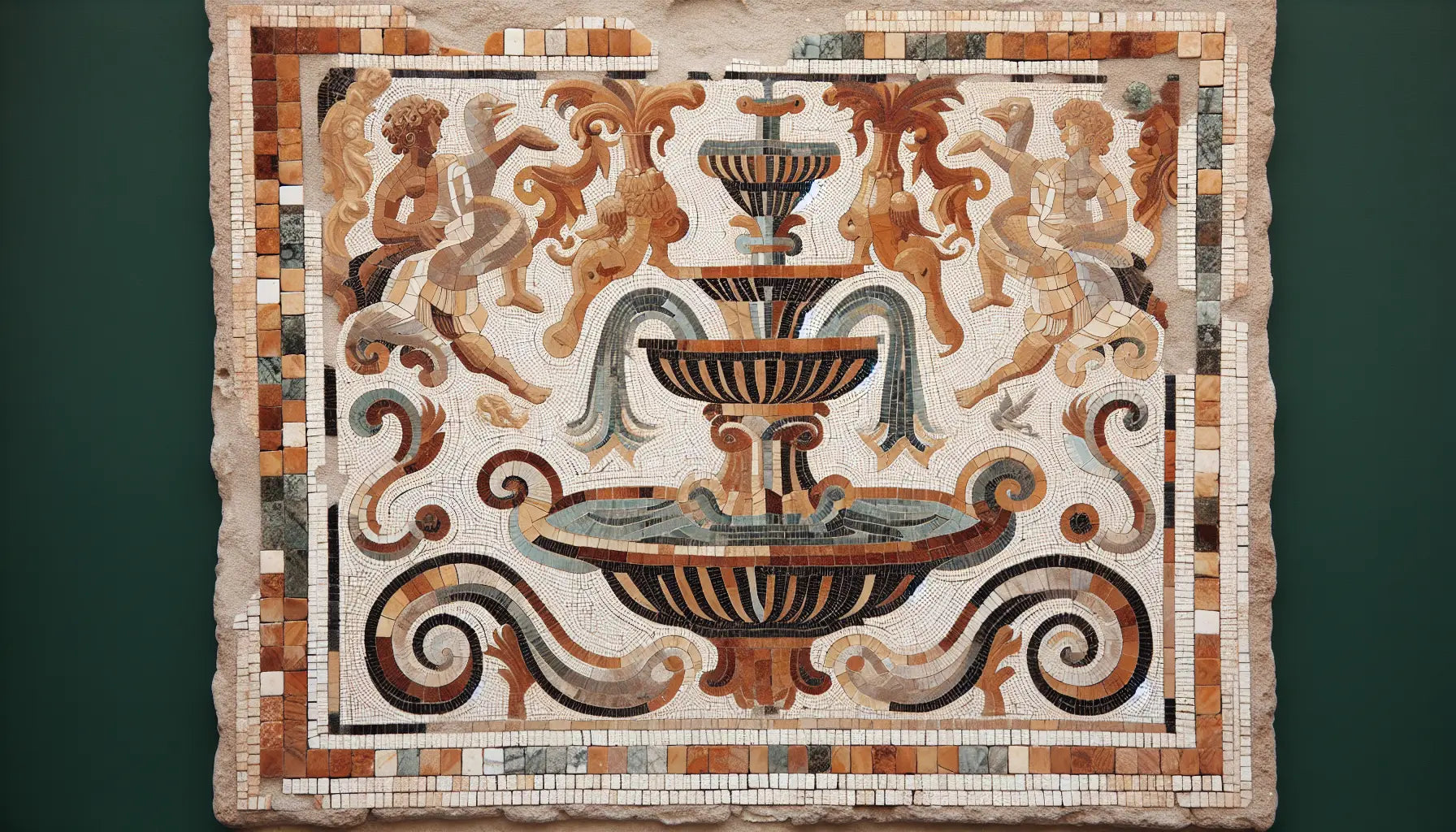 Abstrahierter barocker Brunnen mit Wasserdarstellung in blau und ocker auf mosaikartigem Stein