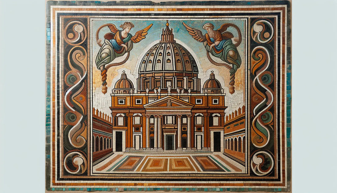 römisches mosaik mit stilisierter basilika und baldachino in erdfarben und gold auf hellem stein