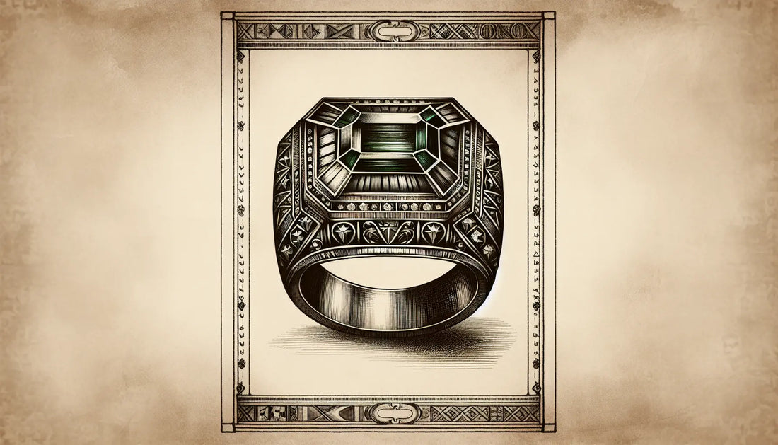 Antiker Ring mit smaragdgeschliffenen Diamanten gravuren im Boston Celtics Stil als Skizze auf altem Pergament
