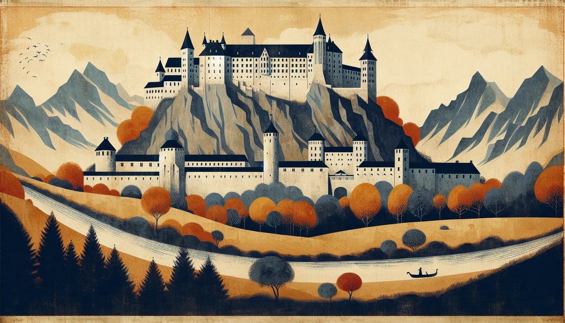 Panoramic view of Burghausen Castle ridge with autumn leaves and Salzach River in medieval oil style