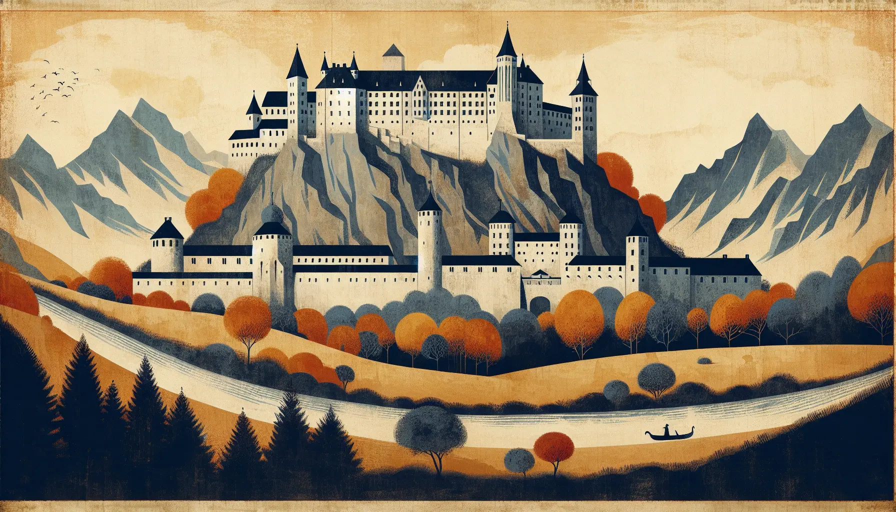 Panoramic view of Burghausen Castle ridge with autumn leaves and Salzach River in medieval oil style