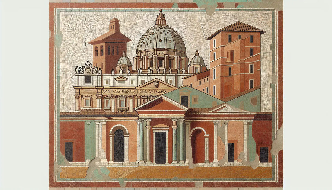 Abstrahierte Casa Santa Marta und Petersdom als antikes römisches Mosaik in rotbraun ocker und blau auf hellem steinigen Hintergrund
