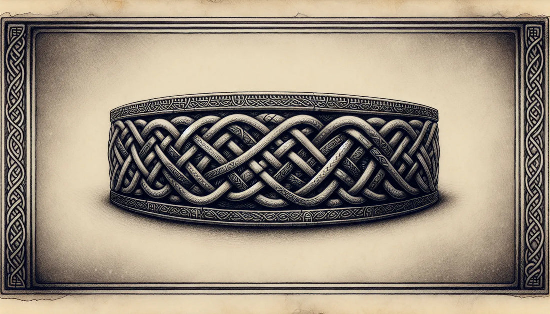 Celtic band with intricate knots as pencil sketch on aged parchment with subtle gold accents