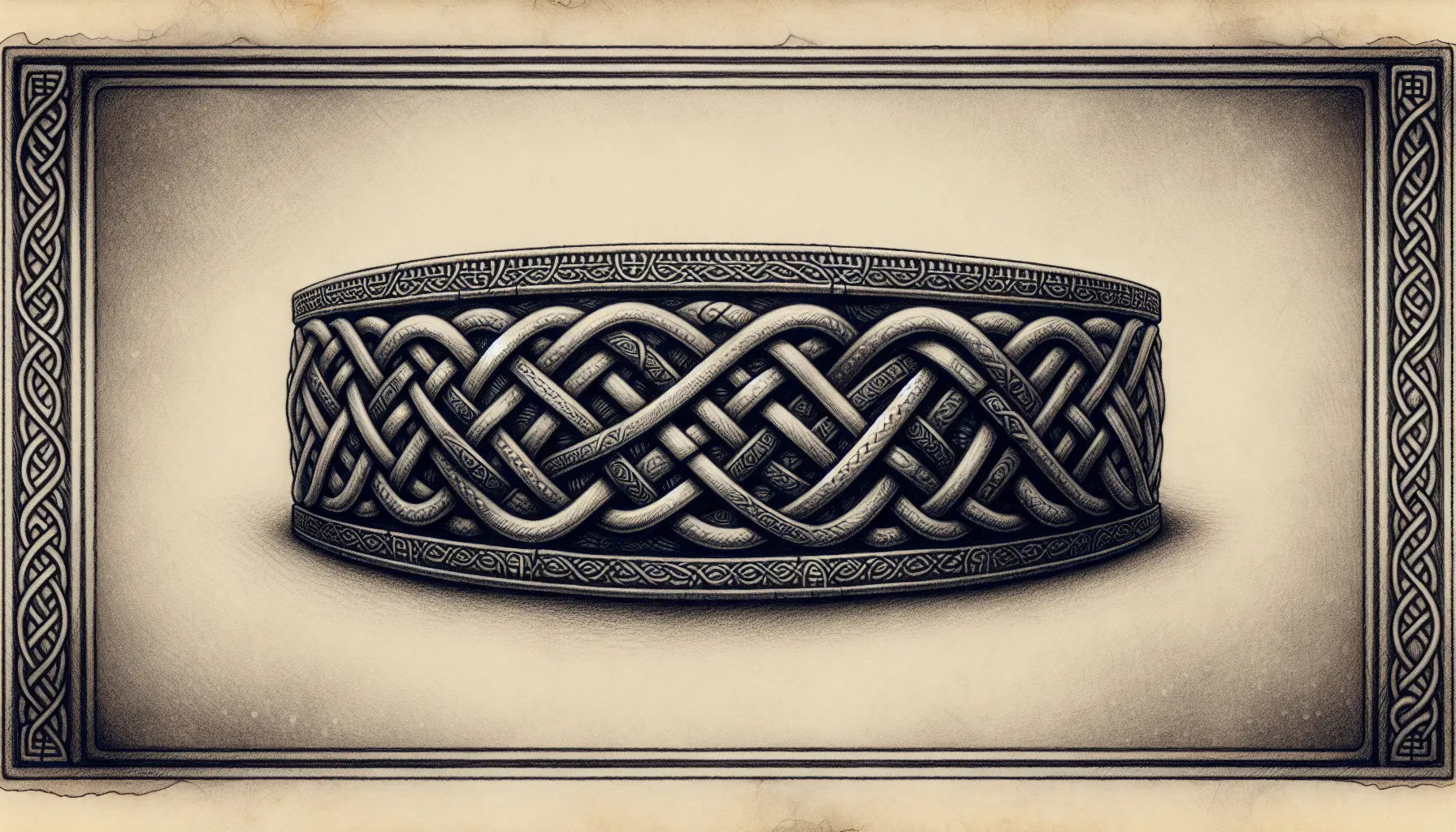 Celtic band with intricate knots as pencil sketch on aged parchment with subtle gold accents