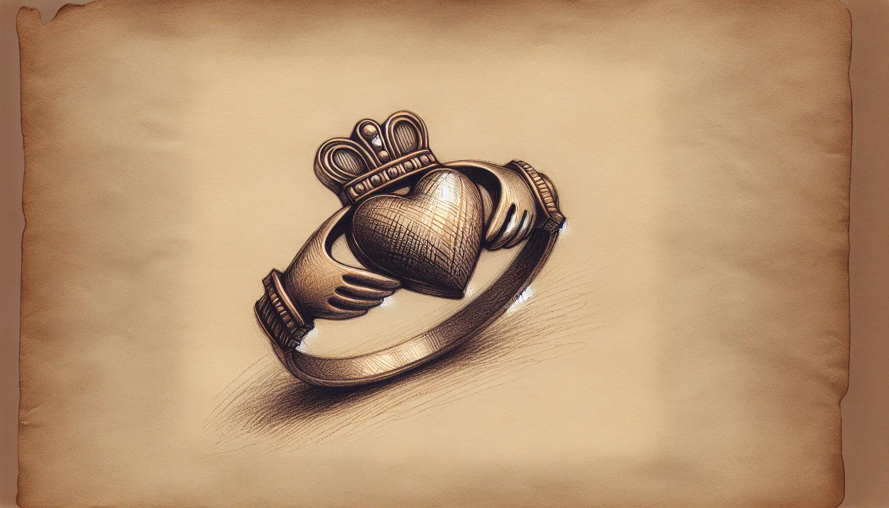 Skizze eines klassischen Claddagh-Rings mit feinen Linien und subtilen Goldakzenten auf gealtertem pergamentartigem Hintergrund