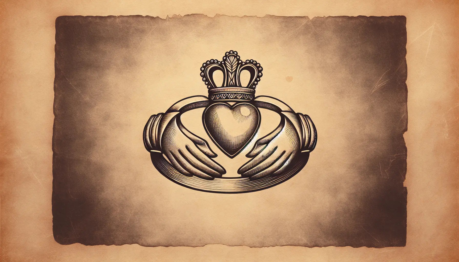 Claddagh-Ring als zeichnerische Skizze auf pergamentartigem Papier mit feinen Goldakzenten