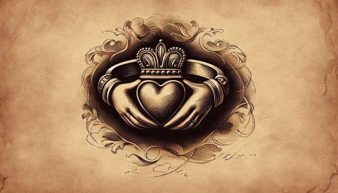 Claddagh Ring als Bleistiftskizze mit Herz Hände und Krone auf hellem pergamentartigem Hintergrund mit goldenen Akzenten
