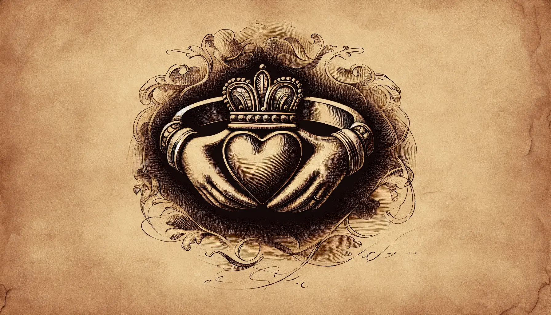 Claddagh Ring als Bleistiftskizze mit Herz Hände und Krone auf hellem pergamentartigem Hintergrund mit goldenen Akzenten